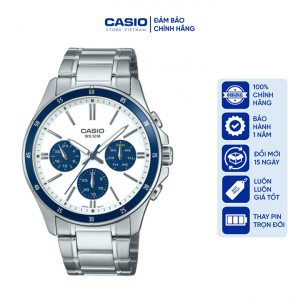Đồng hồ Nam Casio MTP-1374D-7A2, đồng hồ chính hãng, dây bạc mặt trắng viền xanh
